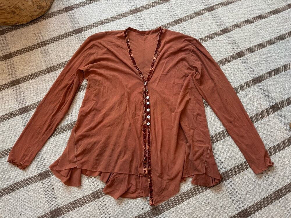 Robin Kaplan Long Sleeve Mesh Blouse Top Rust Red XL Sheer Lagenlook Drape